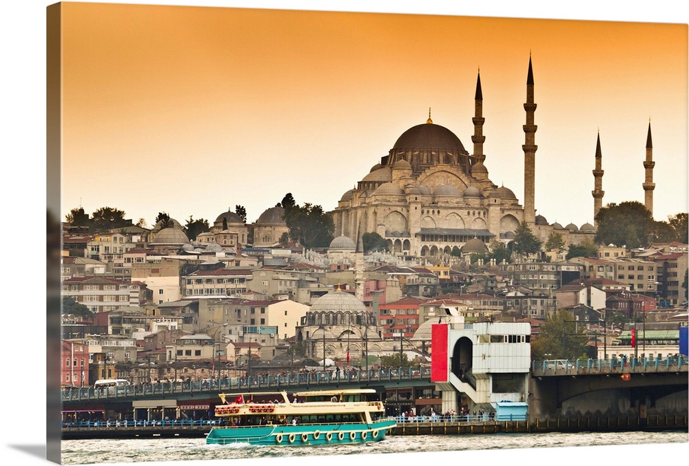 View of Suleymaniye mosque and Galata bridge over Bosphorus strait in Istanbul, Turkey.