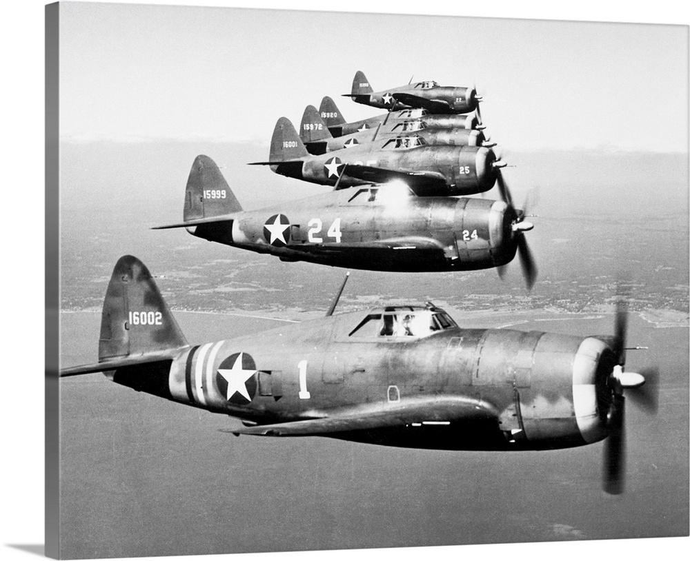 The new Republic P-47B Thunderbolt shown in flight. Believed to be fastest fighters in the world.