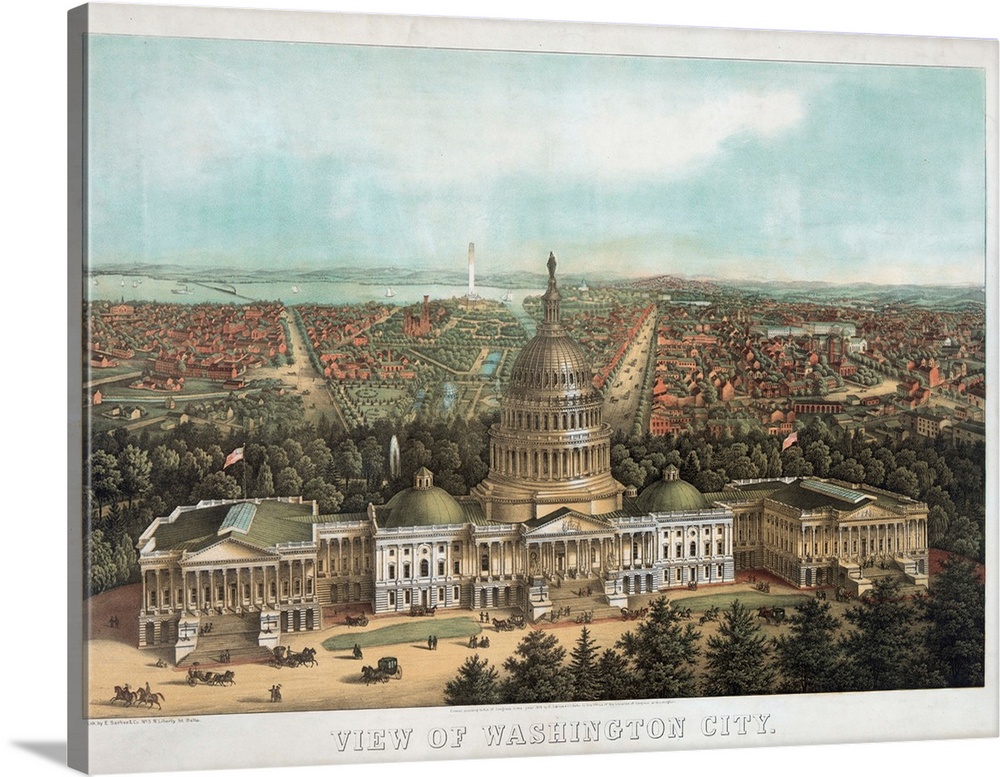 Print showing a bird's-eye view of Washington, D.C., with the U.S. Capitol in the foreground, the U.S. Botanic Garden, Smi...