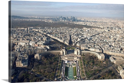 View over Trocadero from top floor of Eiffel tower, Paris, France.