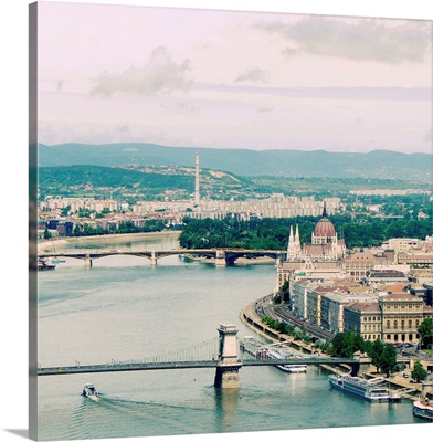 View towards Hungarian Parliament on riverside of Danube.