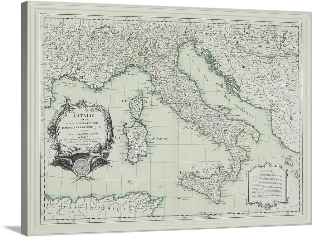 Old French map of the Italian peninsula, including the islands of Corsica, Sardinia, and Sicily.