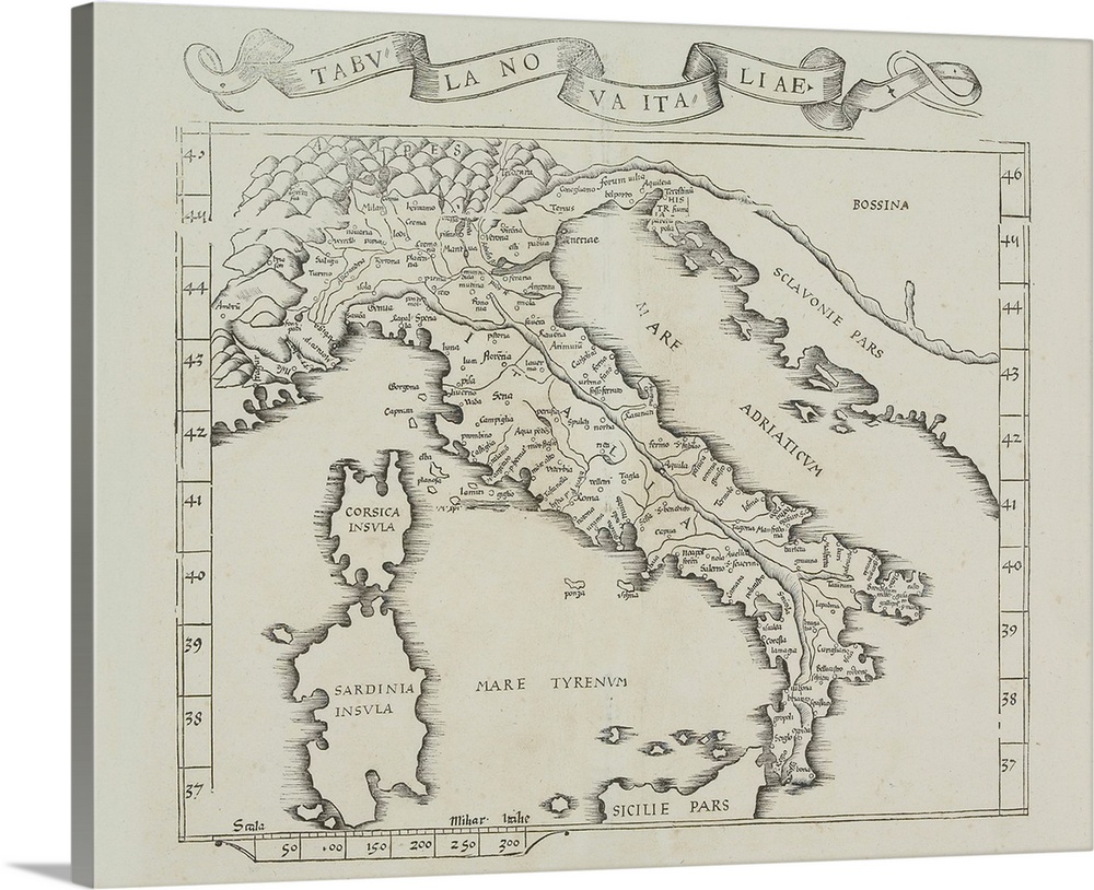 Antiqued map of the Italian peninsula on canvas.