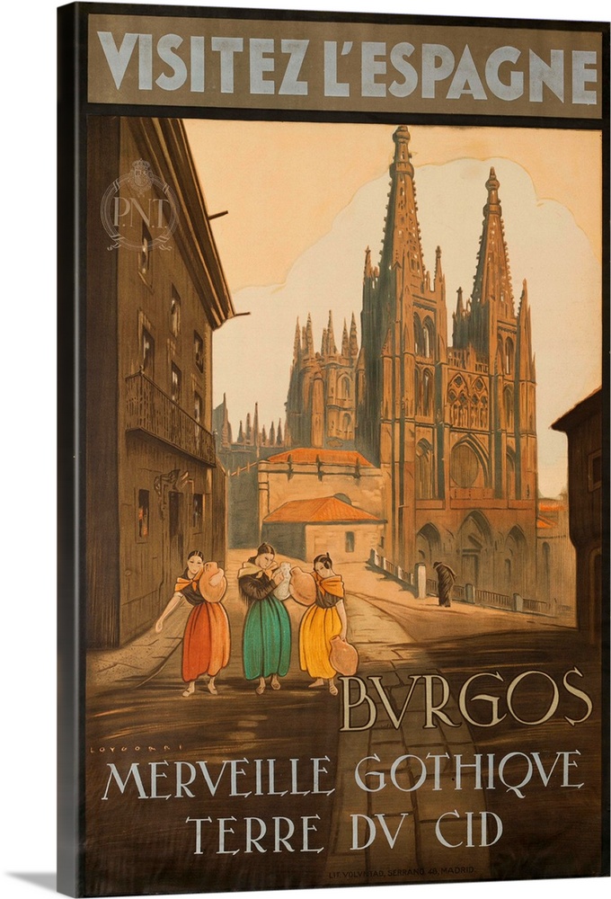 ca 1920s, Gothic cathederal towers over street scene and three women in colorful dresses carrying earthen jugs.