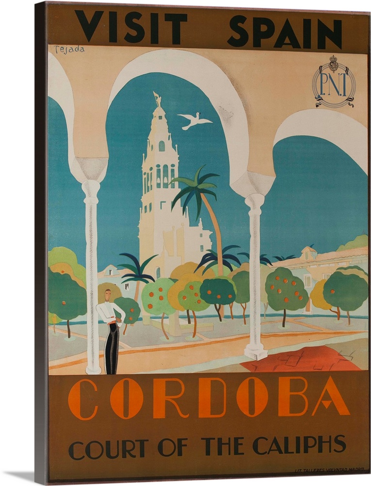 Spanish National Railways poster illustrated by Tejada, art deco image of stylized man standing in courtyard in the shadow...