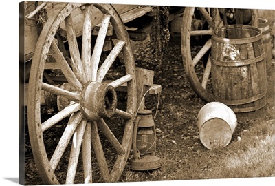 Wagon and other historical pioneer artifacts outdoors