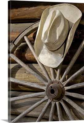 Wagon wheel and cowboy hat by log cabin, California, USA
