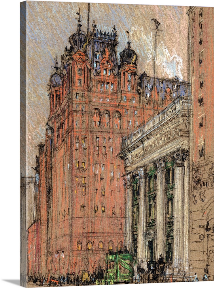 Waldorf Astoria Hotel, showing the hotel at its original 34th St. and Fifth Avenue location. Chalk and crayon drawing over...
