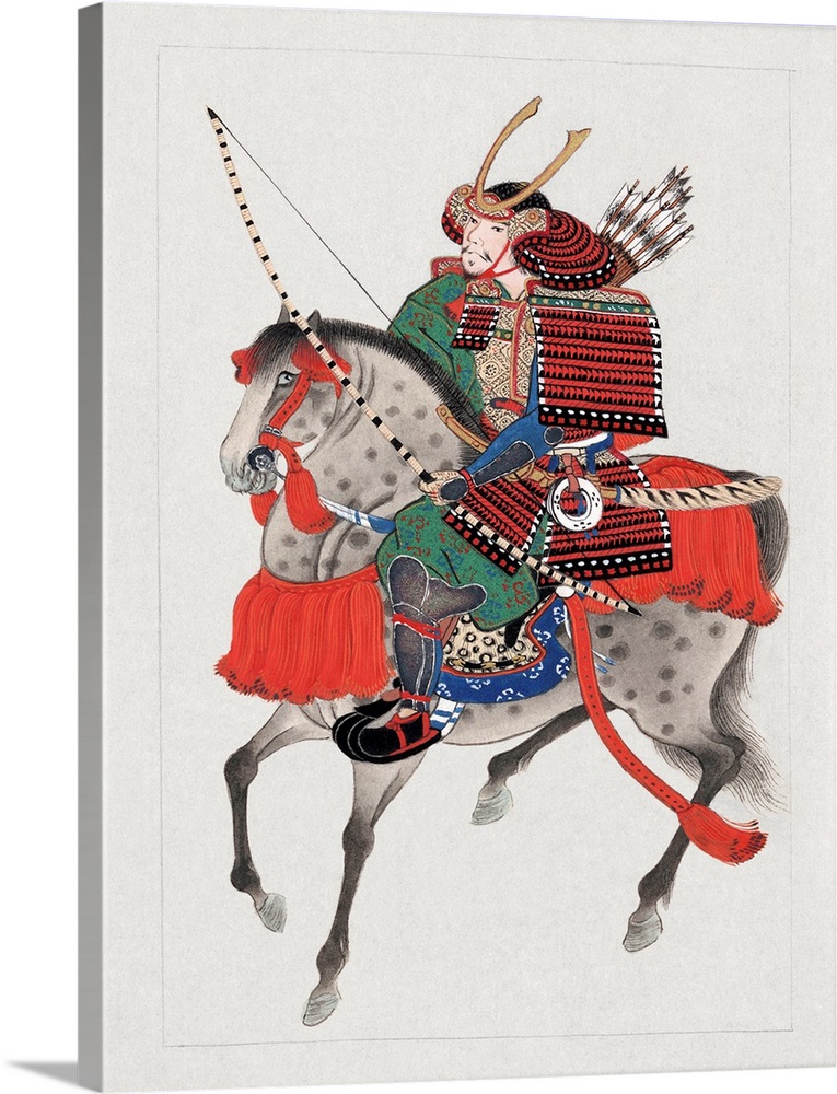 Watercolor painting of samurai soldier on horseback with full complement of armor and weapons. Watercolor and gold highlig...