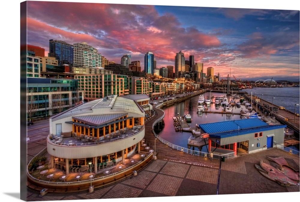 Waterfront at Downtown Seattle Sunset, Marina, Pacific Northwest. Wall Art, Canvas Prints