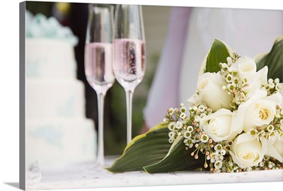 Wedding Bouquet And Champagne Glasses