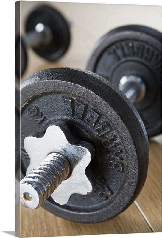 Exercise Mat, Water Bottle and Weights, Studio Shot | Large Solid-Faced Canvas Wall Art Print | Great Big Canvas