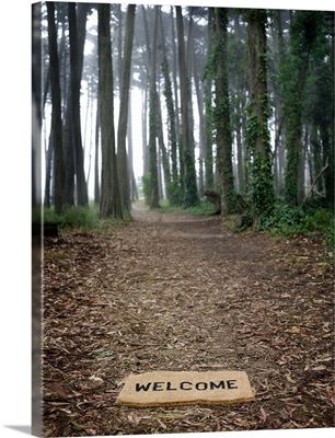 Welcome mat on ground at entrance to forest