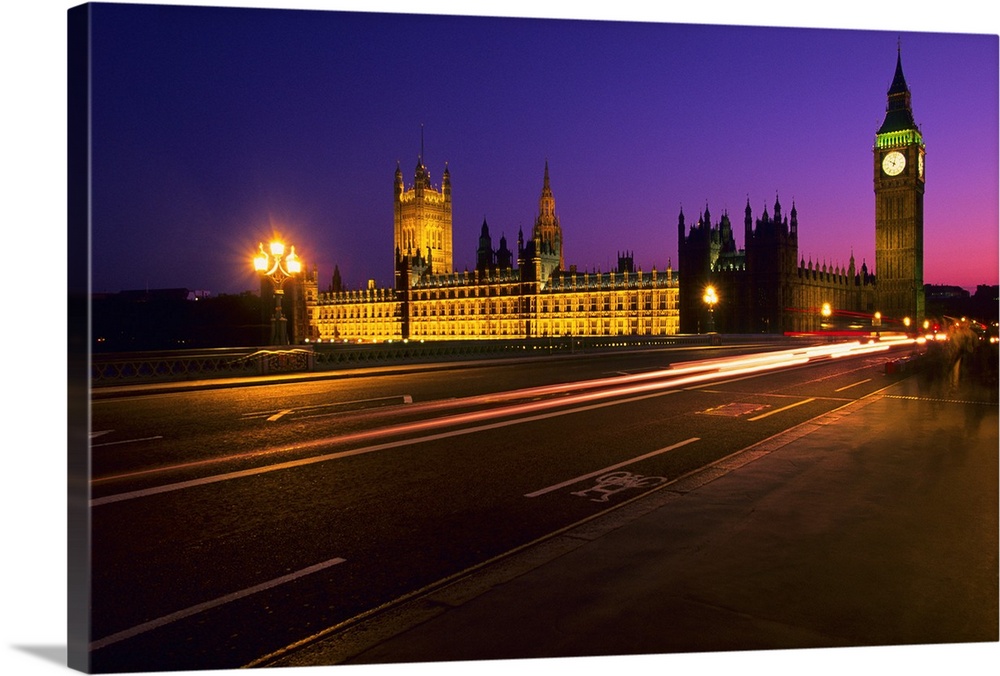 Westminster Bridge, Houses of Parliament and Big Ben Clock Tower at night, London, United Kingdom.Big Ben is the symbol of...