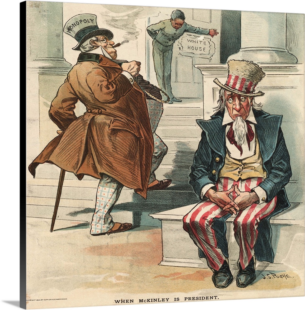 1896 political cartoon showing Uncle Sam shut out of the White House while monopolies march in.