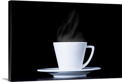 White coffee cup and steam on black background