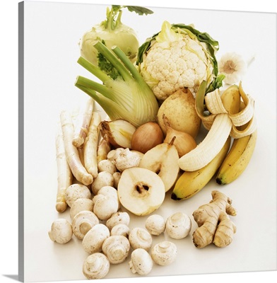 White fruit and vegetables on white background, close up