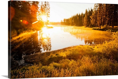 Winchester Lake at sunrise with forest and lens flare, Winchester, Idaho, USA