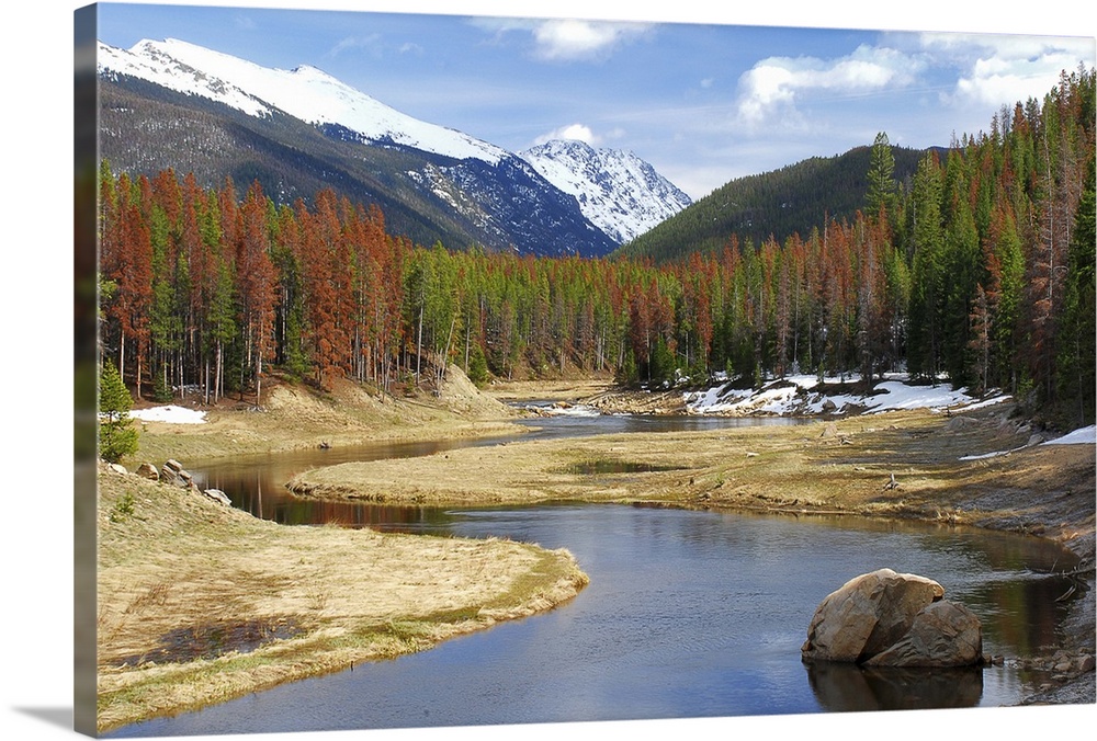 Colorado, wilderness,  winding, river,  snow, capped, mountains