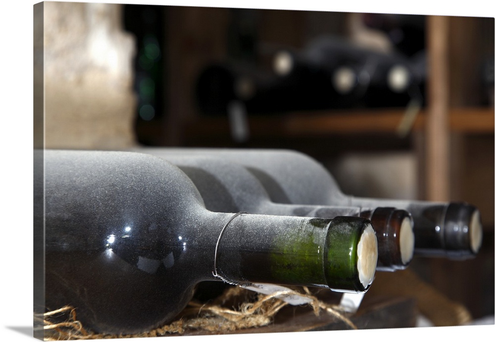 Wine bottles, which are covered with dust as they have been in storage, in a wine cellar, for a long time. Focus on the fo...