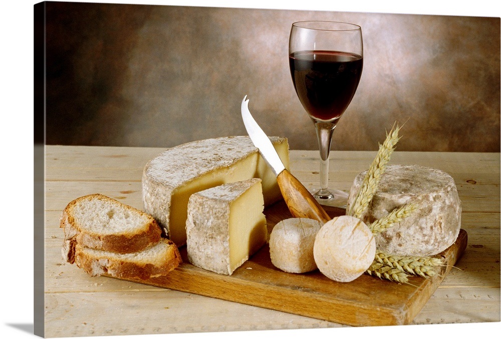 Wine with cheeses and breads on cutting board Wall Art, Canvas Prints