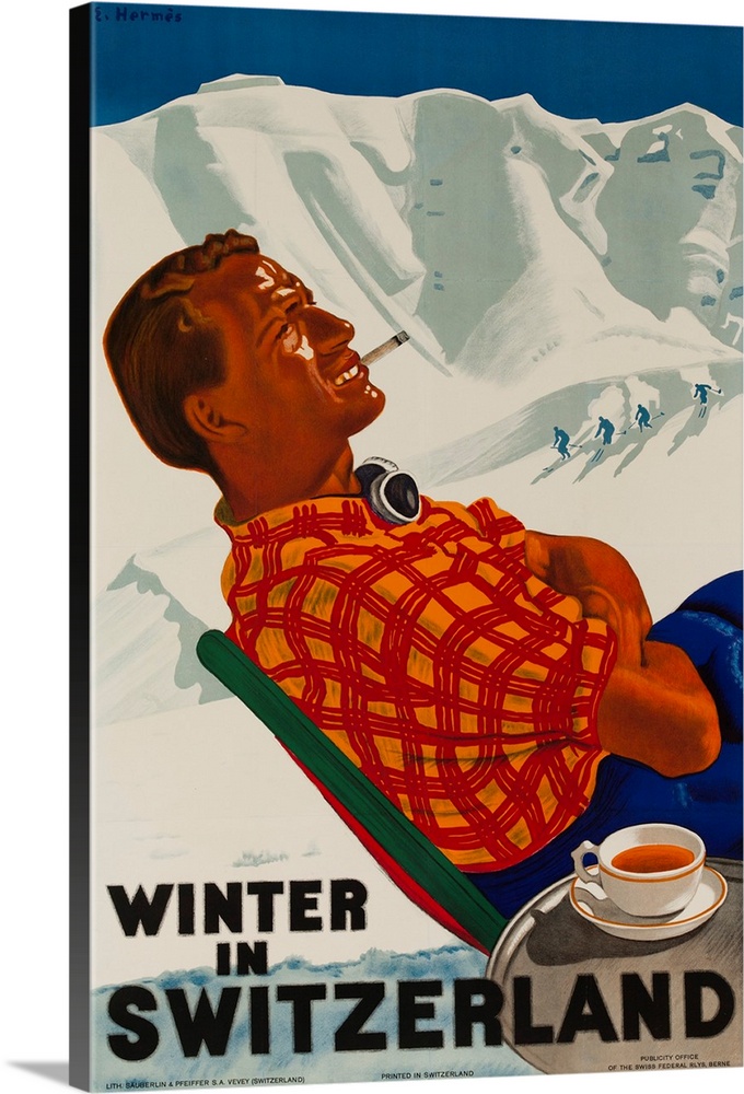 1938, Ski travel poster showing apres ski poster mountainside smoking and drinking a cup of tea.