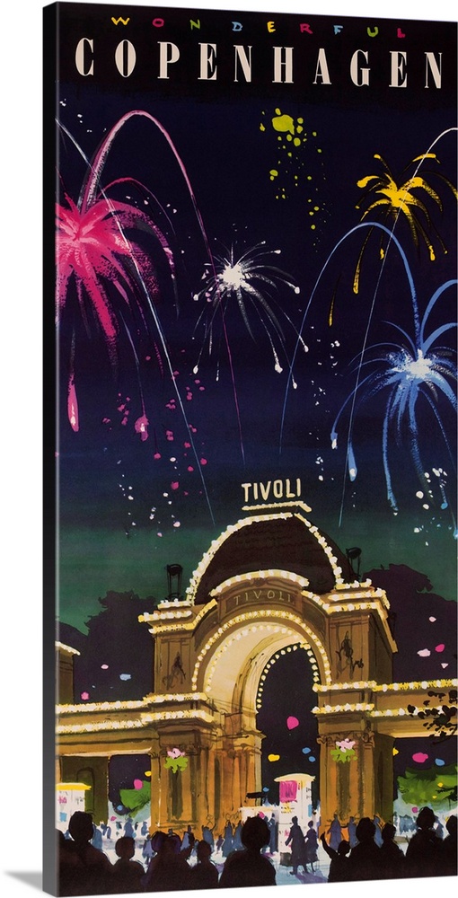 ca 1960's travel poster of fireworks light night sky over Tivoli Gardens amusement park.