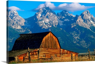 Wooden Mormon Row barn with Teton Range behind, Wyoming