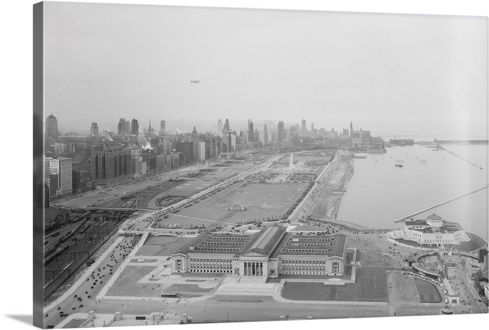 View of downtown Chicago, Lake Michigan, and the Century of Progress Exposition, built for the 1933 World's Fair. The buil...