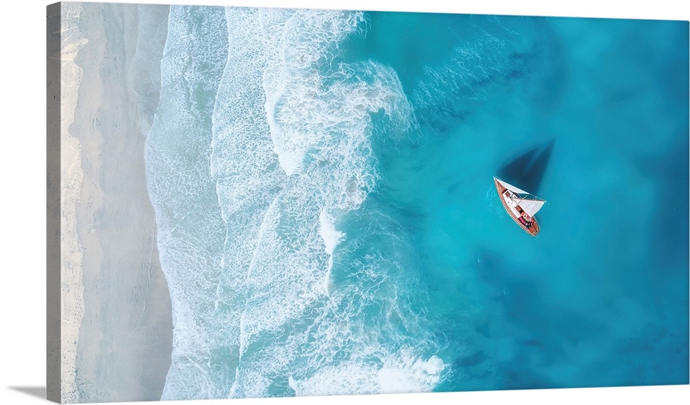 Yacht on the water surface from top view. Turquoise water background from top view. Summer seascape from air.
