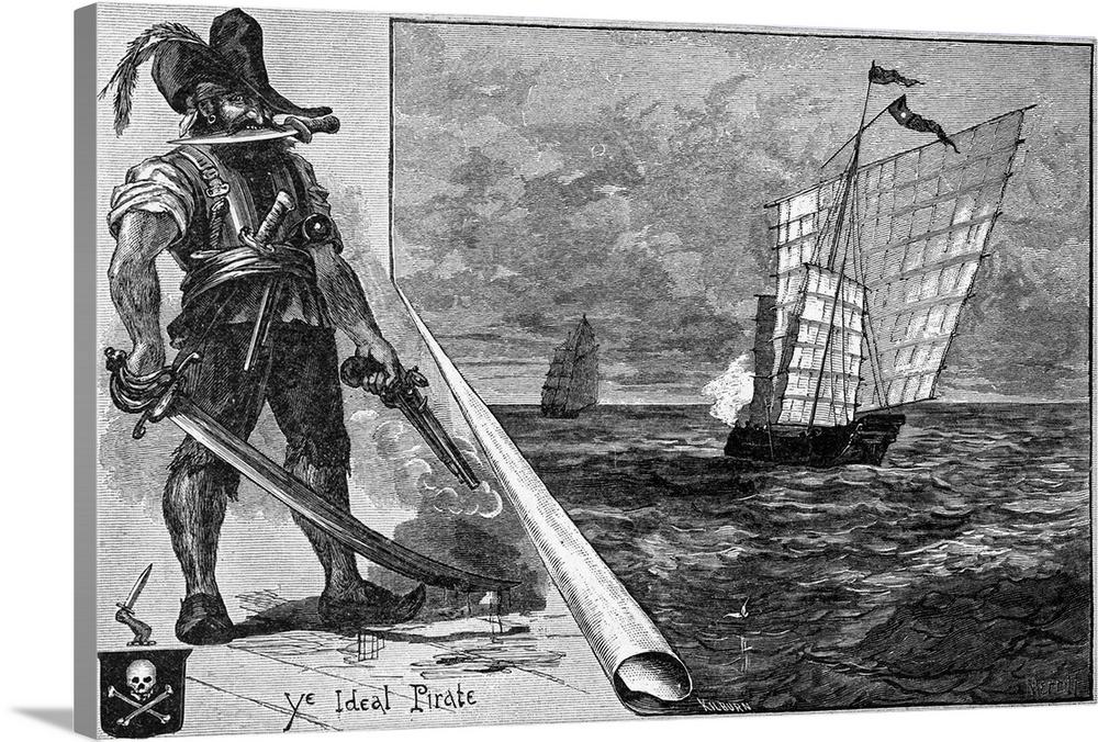 Illustration entitled ONE TYPE OF PIRATE, depicting Ye Ideal Pirate holding the blade of a dagger in his mouth. The larger...