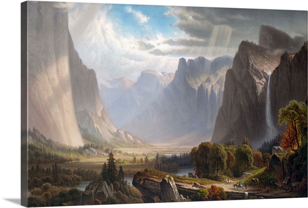 Yosemite Valley with Bridal Falls and Half-Dome in the Distance, chromolithograph after a painting by Thomas Hill, c. 1860.