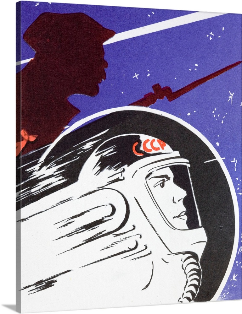 Soviet propaganda poster of a Soviet cosmonaut in front of what is obviously a soldier of the 1917 October revolution. A s...