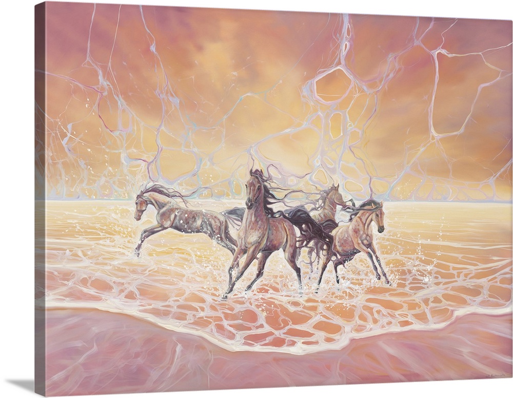 Painting of a group of horses running out of waves of an ocean.