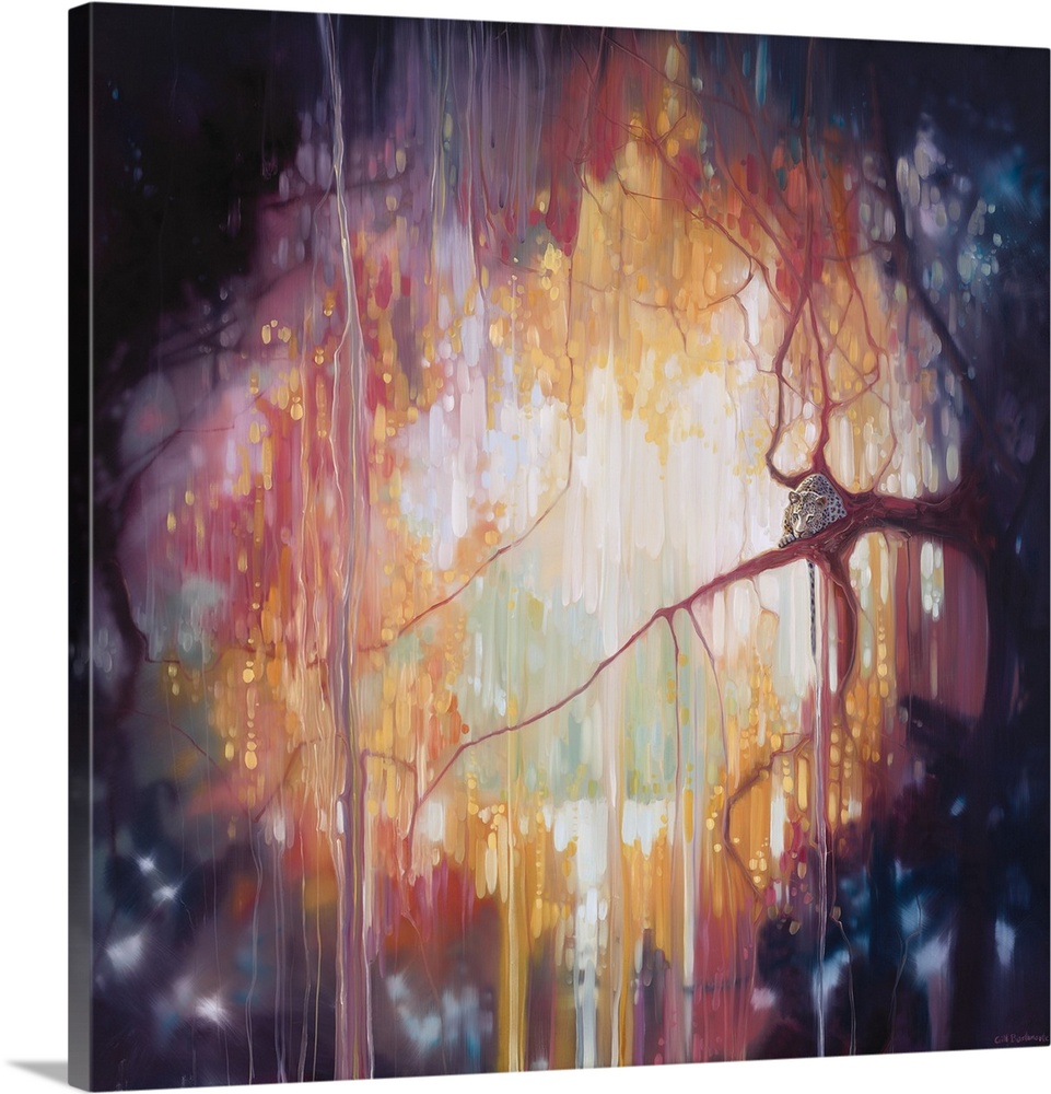 Watercolor painting of a dream-like forest framed by darker trees.