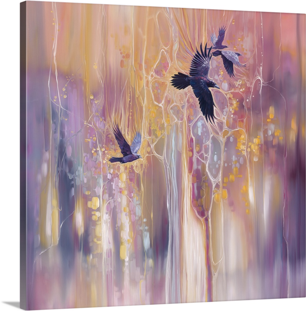 Watercolor painting of a dream-like forest in varies warm shades with birds flying above.