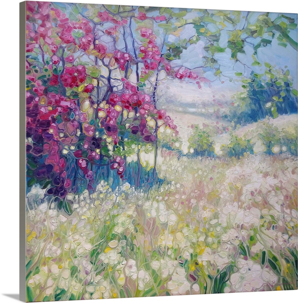 A square painting of a spring time scene in a meadow with blooming flowers of pink and white.