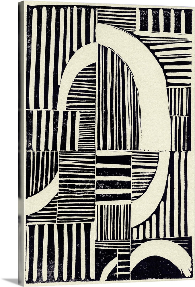 Abstract linocut print with stripes and geometric shapes.