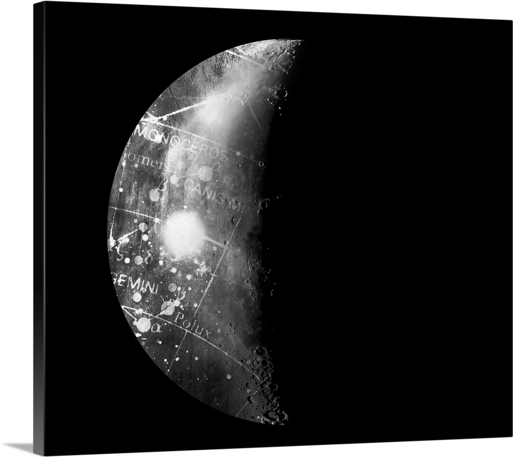 Square art of a moon phase with an astrology map displayed on the moon's surface.