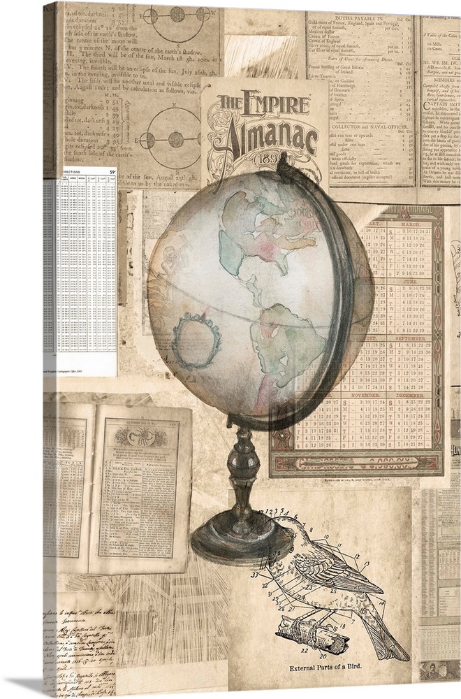 A drawing of a world globe against a layer of vintage newspapers.