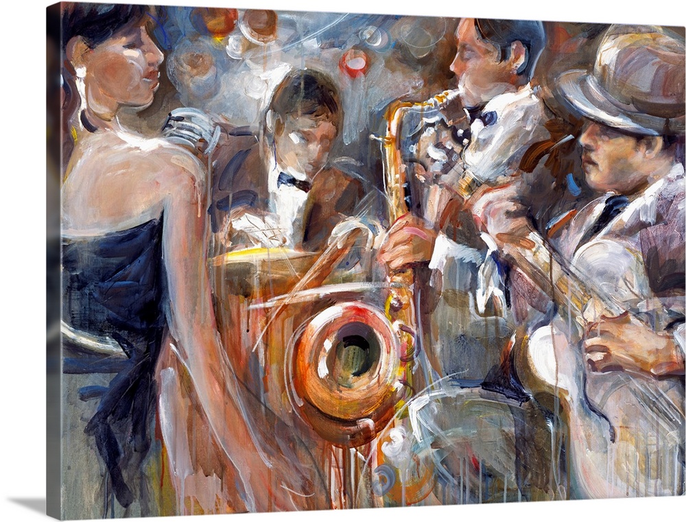 Loose, gestured painting of a band of musicians performing in formalwear, including a female lead singer, guitarist, saxop...