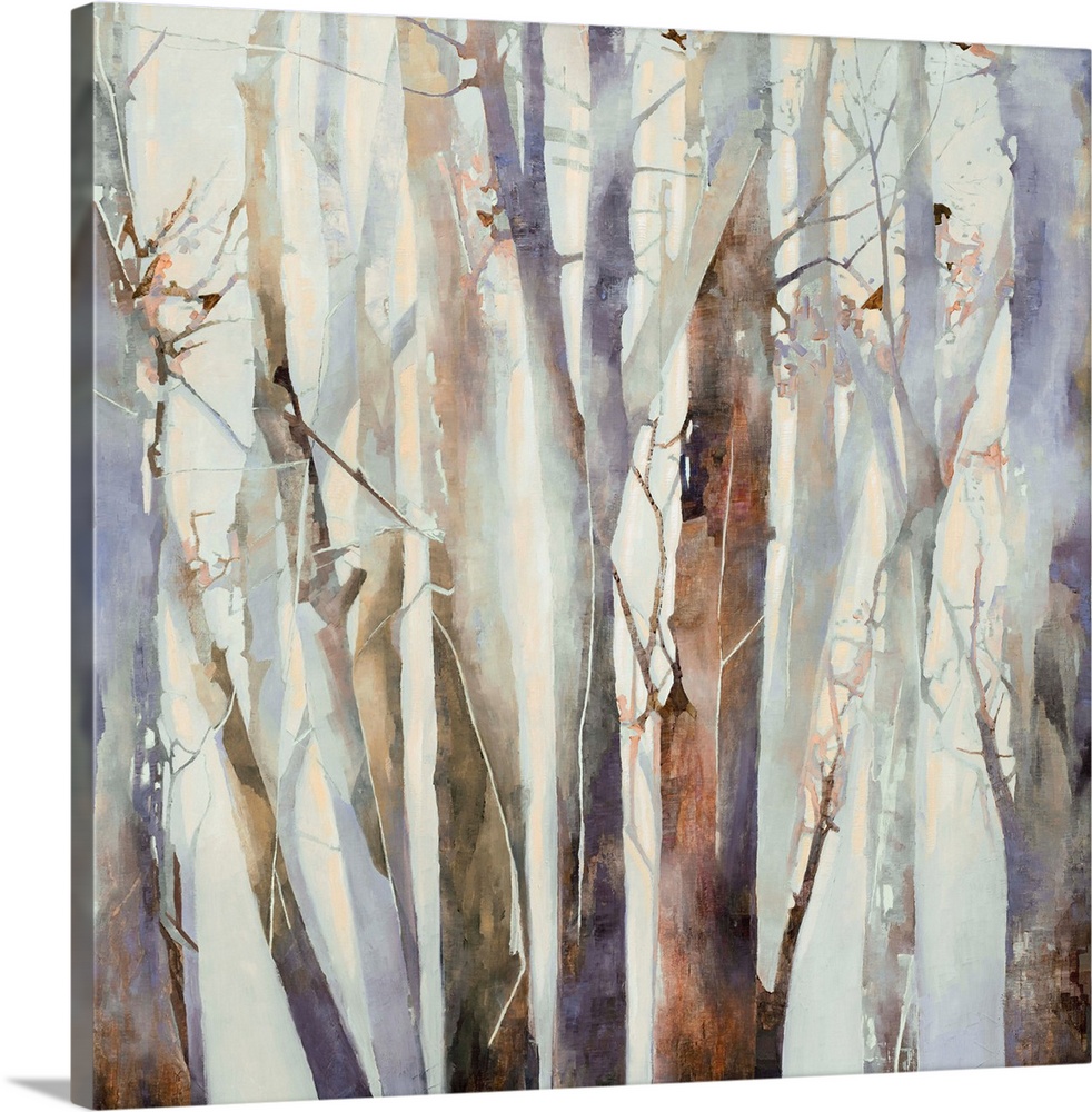 Square abstract painting of cool toned tree trunks in shades of brown, purple, and grey.