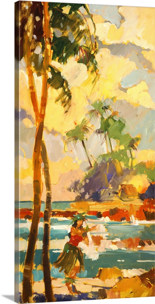 Oversized vertical painting of a female Hawaiian dancer in a grass skirt, on the beach, standing beneath two very tall pal...