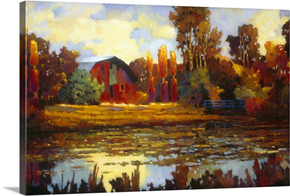 Painting on canvas of an old barn with fall foliage around it by a lake.