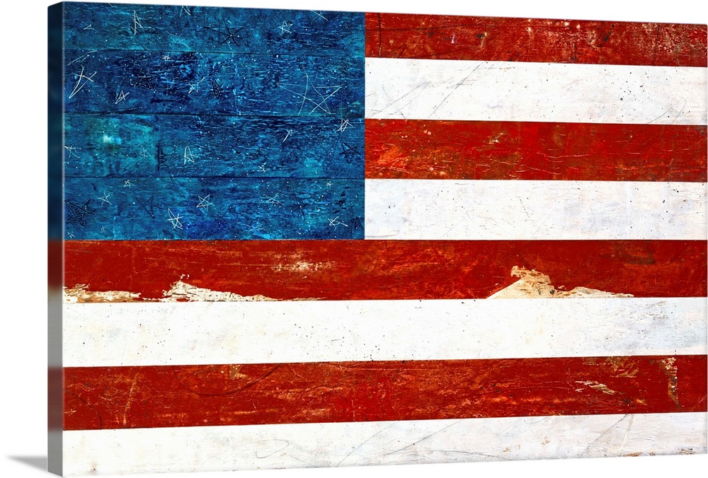 Rustic American flag painted on wood with the stars faintly etched in the paint.