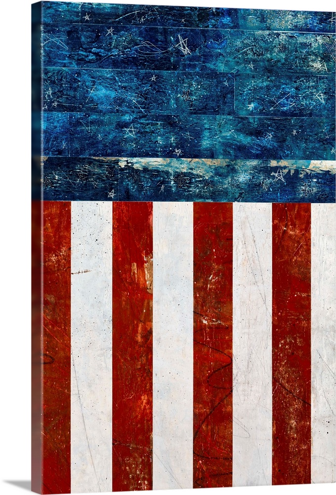 Folk art painting of an American flag on wood with stars etched in the paint.