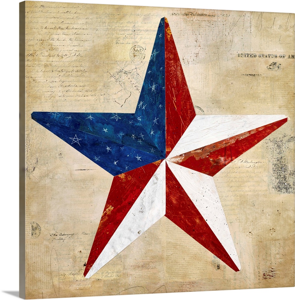 Folk art painting of a star in red white and blue on an antique style background created with mixed media.