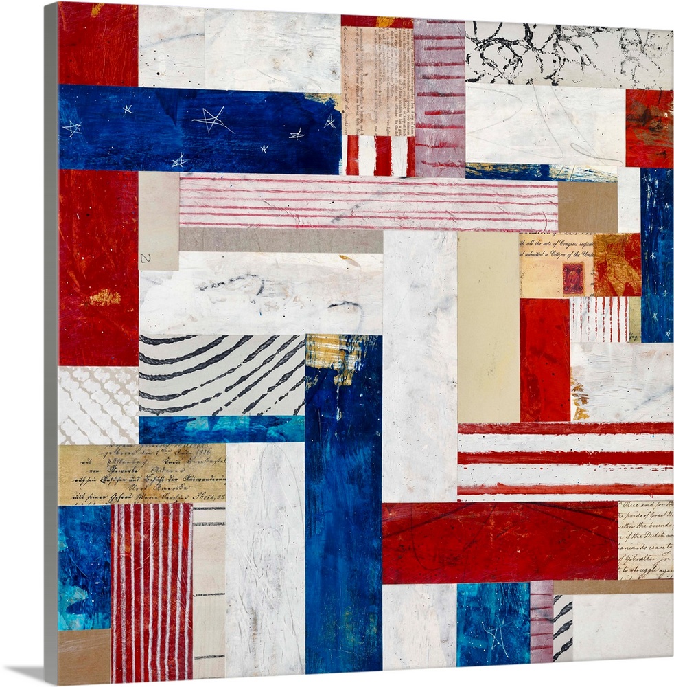 Square folk art created with mixed media to resemble a red white and blue quilt pattern.
