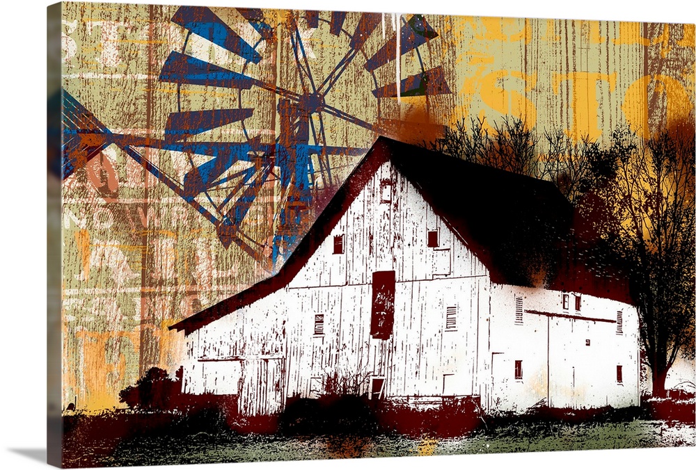 Oversized, landscape artwork of an old barn beneath a large, exaggerated windmill in the sky.  The image has a vintage loo...