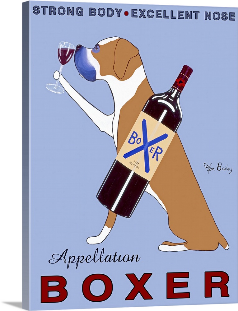 Large, vertical advertisement for Appellation Boxer wine, of a boxer dog sitting, holding a glass of red wine to his nose,...